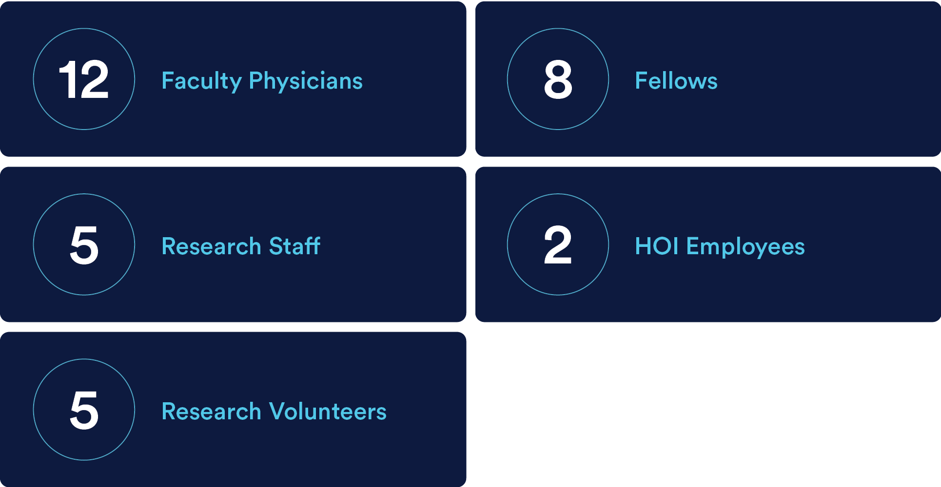 statistics in dark blue boxes with white numbers and lighter blue words